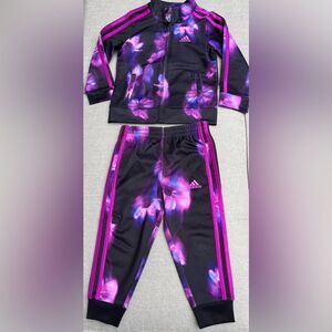 Adidas purple flower pattern 2-piece set,full zipper jacket, cuffed pants,2T/2TL
